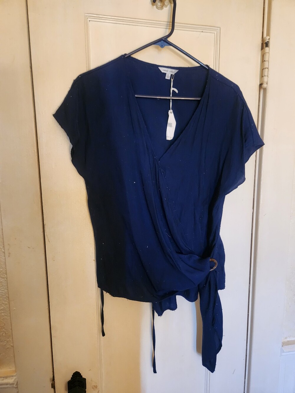 Naked Zebra Navy Side Tie Wrap Blouse